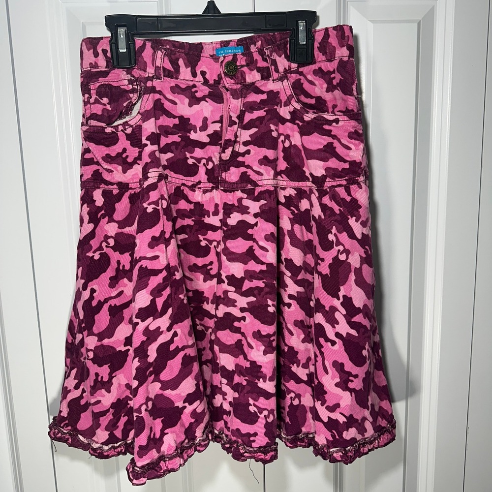 The Children's Place Skirt Girls 14 Pink Camo Corduroy Pleated Ruffle Hem Y2K